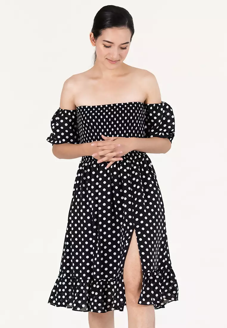 Black and white polka hot sale dot off the shoulder dress