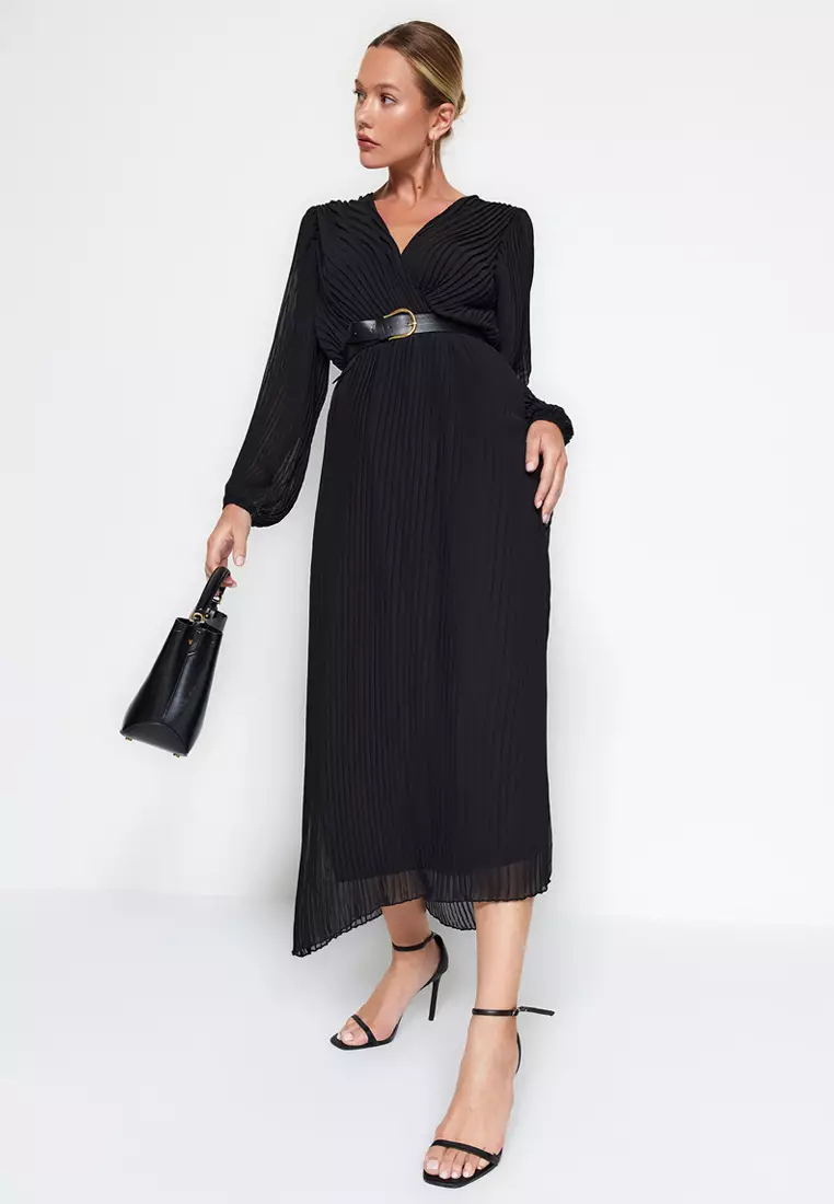 Black Belted A-Line Pleated Maxi Lined Chiffon Flight Flight Woven Dress Twoaw24El471