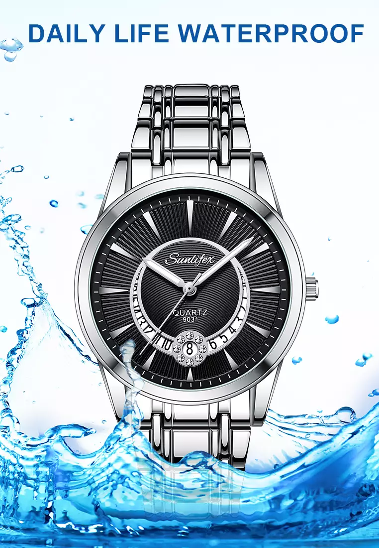 Jam Tangan Pria 9031 Original Luxury Stainless Steel Jam Tangan Cowok black