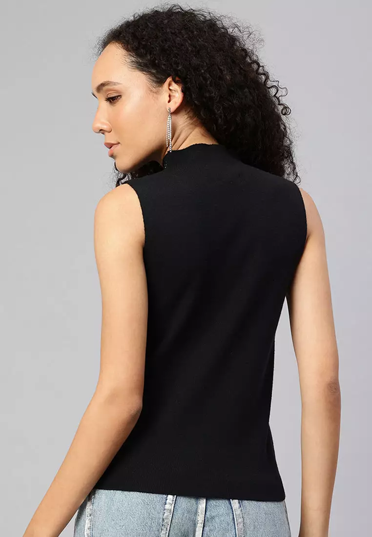 Sleeveless Sequin High Neck Top in Black