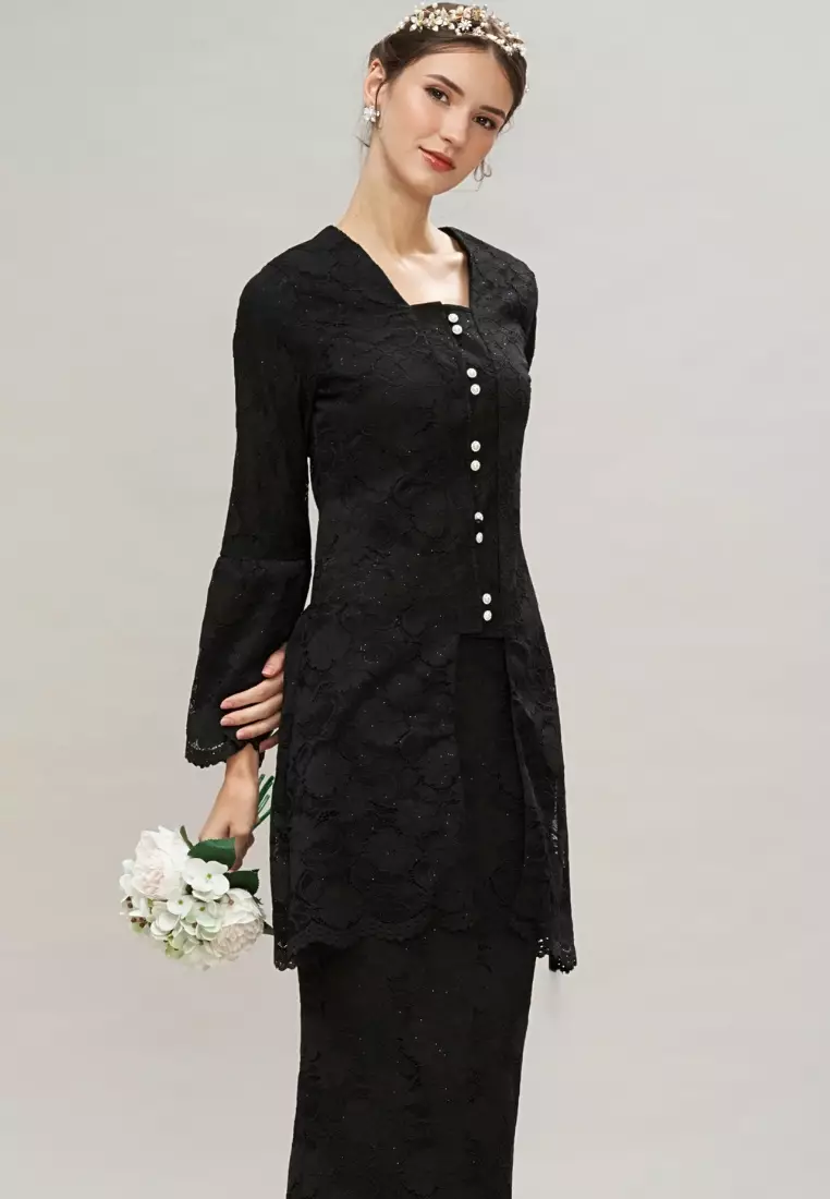 Black Lace Puff Sleeve Modern Kebaya and Maxi Lace Skirt Malay Wedding