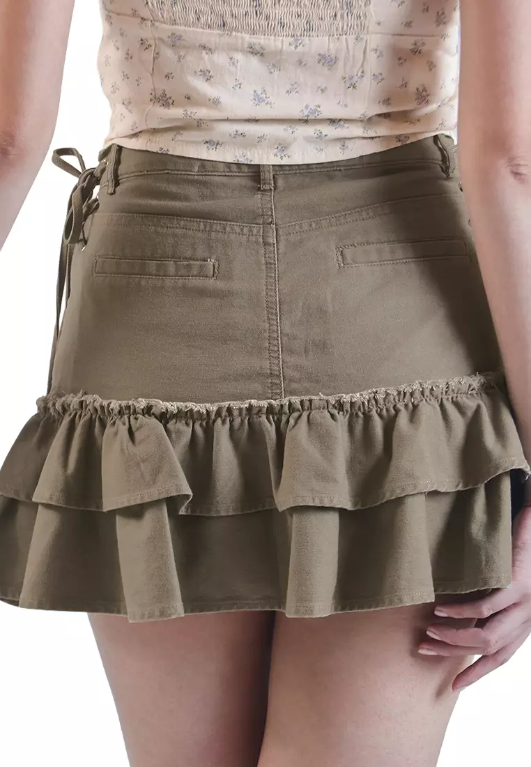 Mid Waist Tiered Frilly Mini Skort with Lace Up Sides