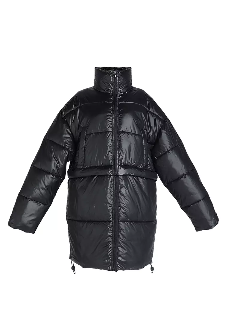 Black Two Way Detachable Turtleneck Puffer Jacket