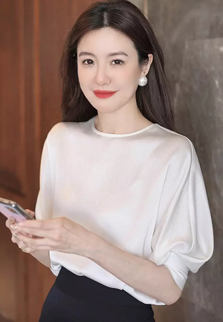 2025 S/S Age-Reducing Round Neck Puff Sleeve Waist Shirt Solid Color Top A23021505