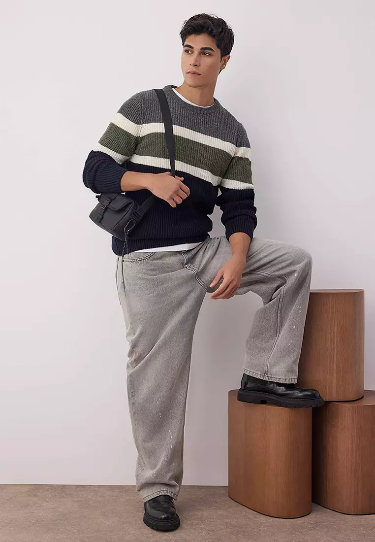 Anthracite Slim Fit Wool Crew Neck Panelled Color Block Knitwear Sweater Tmnaw22Kz0343