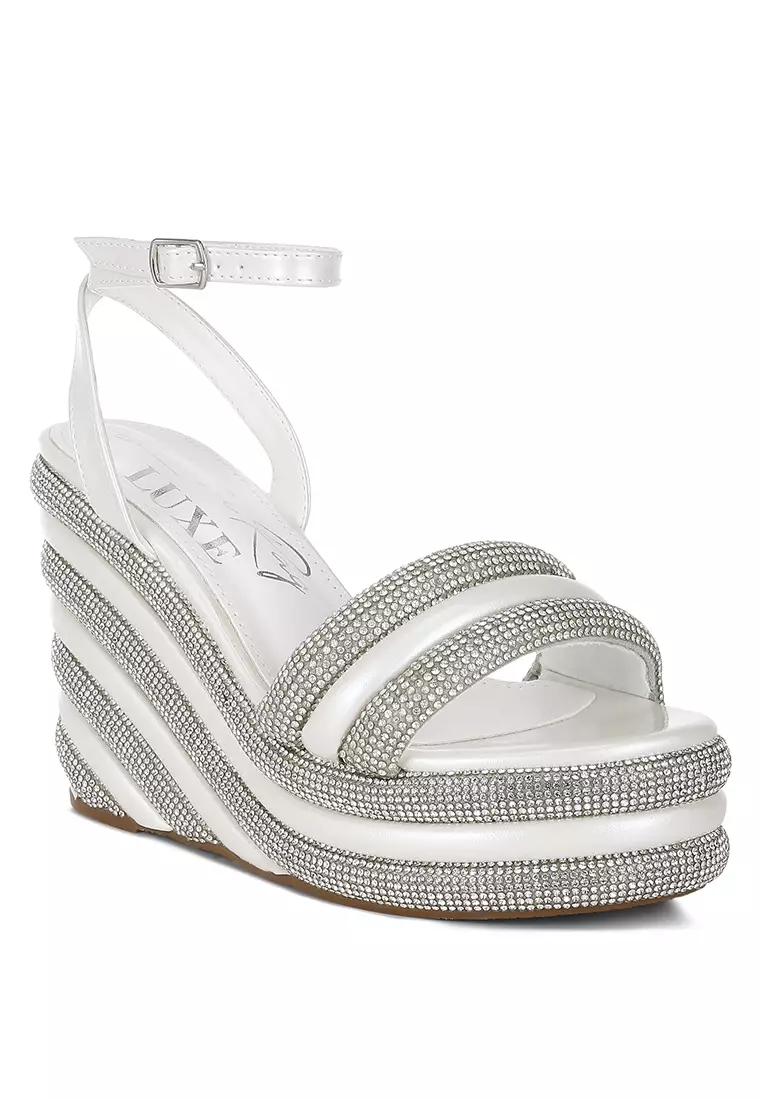 White Rhinestone Studded Wedge Sandals