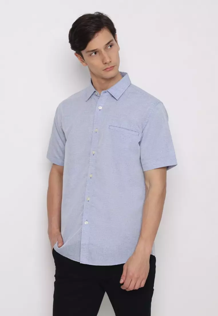RBJ Kemeja Polos Cotton Slub Biru Regular Fit Pria
