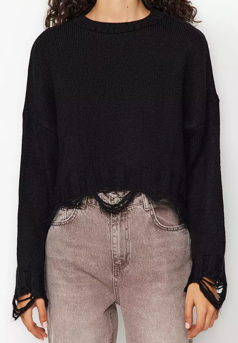 Black Crop Wide Pattern Soft Textured Flowing Detailed Knitwear Sweater Twoaw24Kz00319