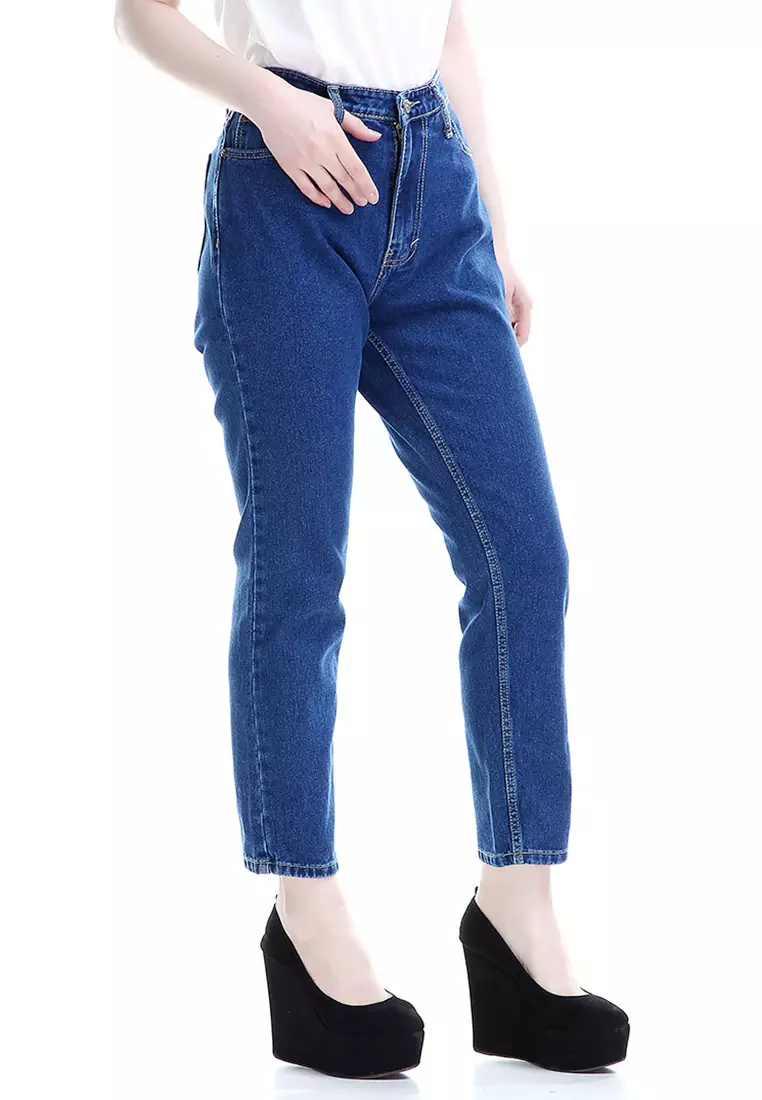 Marilyn Jeans Wanita High Waist Boyfriend Woman Design Simple - Navy