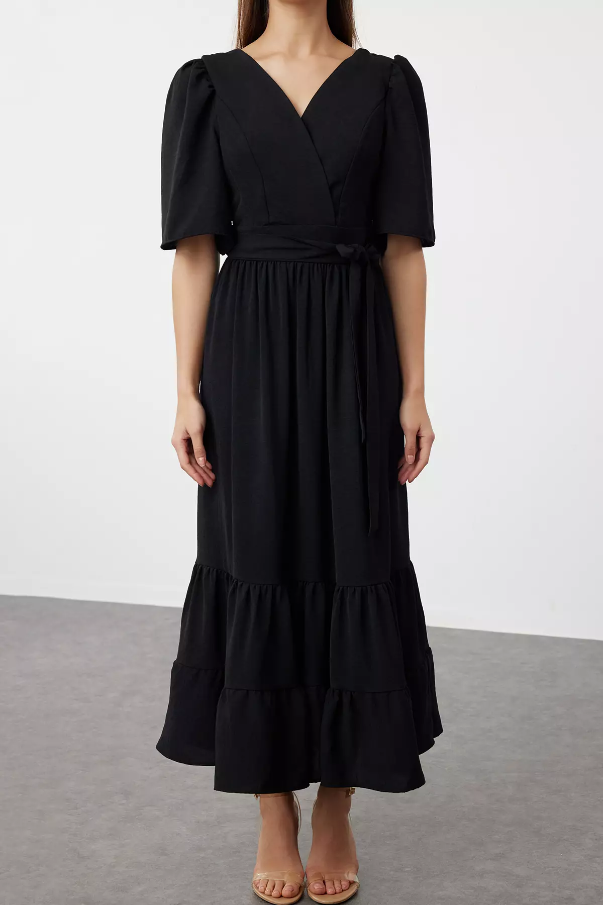 Half Sleeves Wrap Midi Dress