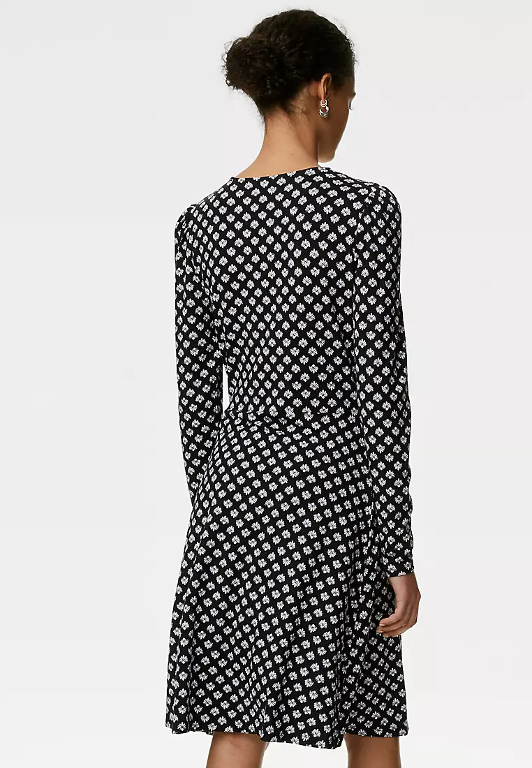 Jersey Printed Round Neck Mini Skater Dress