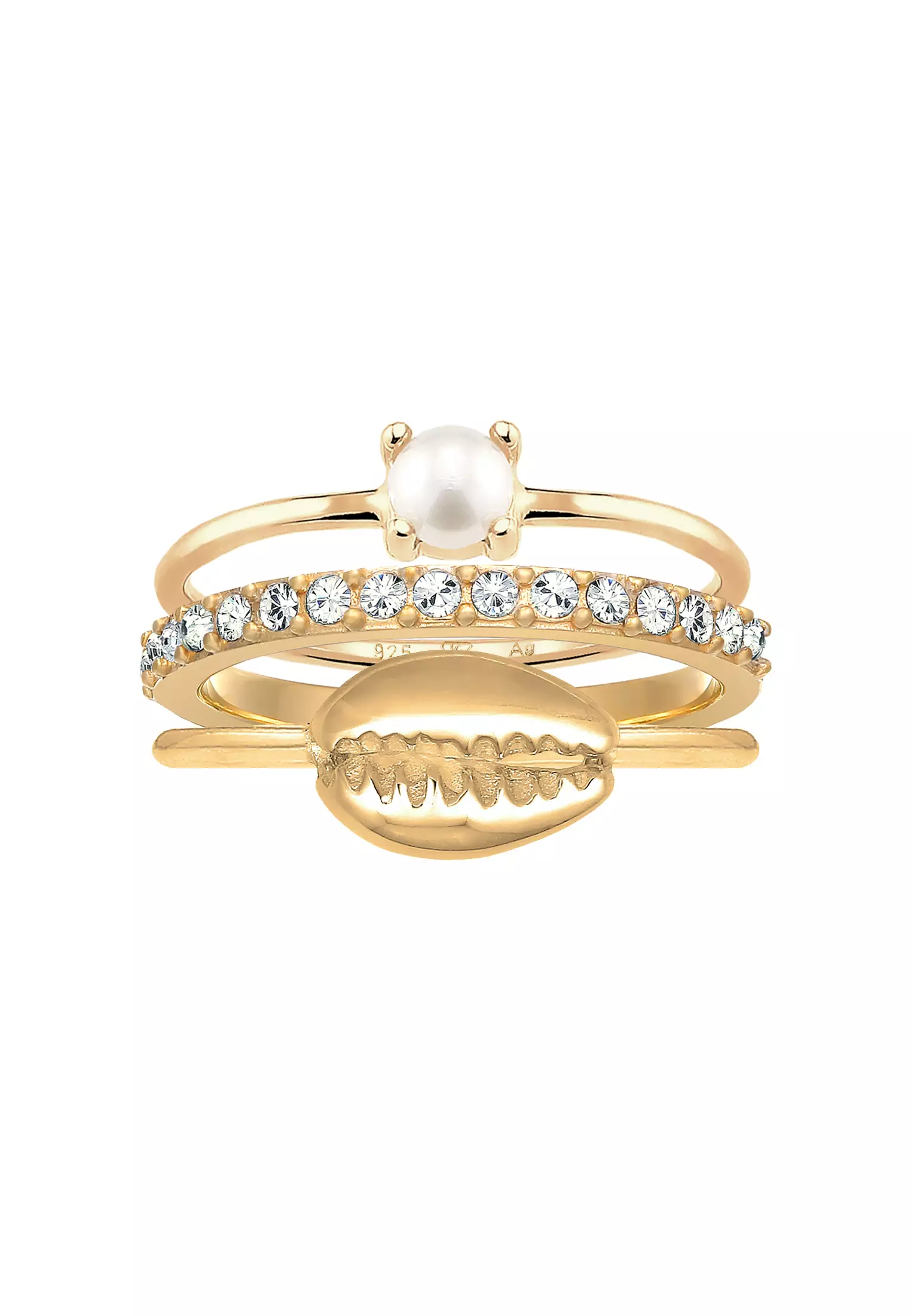 Ring Stacked Shell Set Freshwater Pearls Crystals Gold Plated