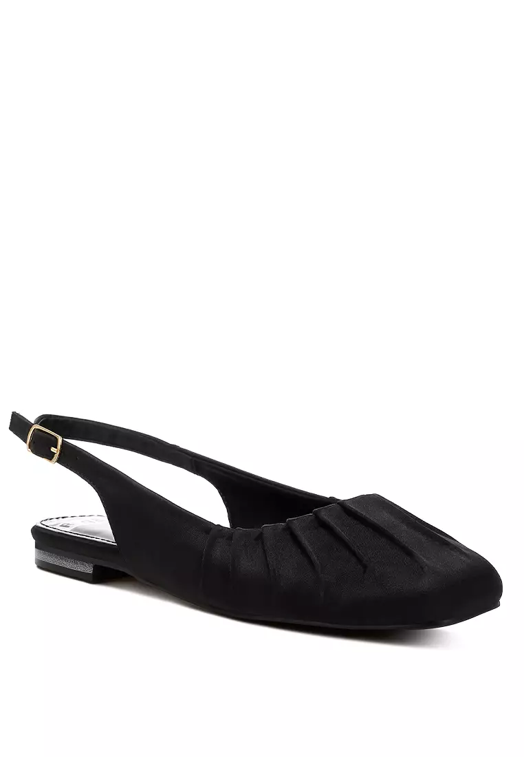 Satin Square Toe Flat Slingback in Black