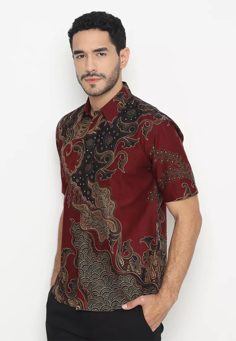 Kemeja Batik Pria Slimfit Ganesha Lengan Pendek - Maroon