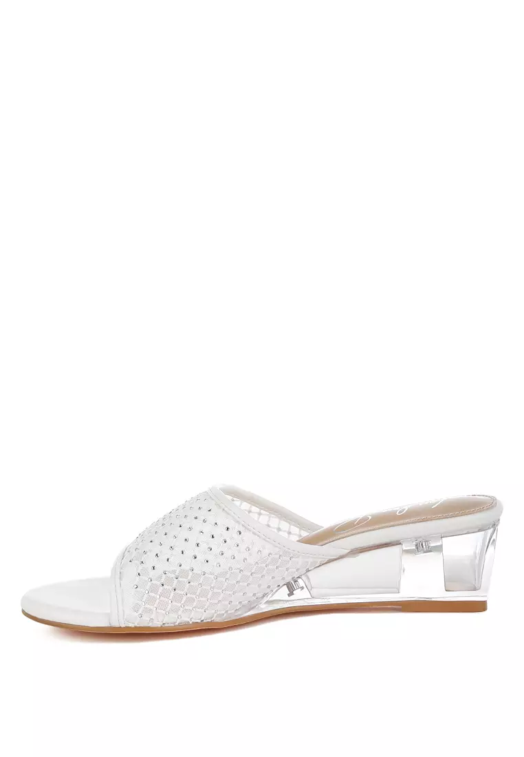 Mesh Clear Heel Wedge Sandals In White