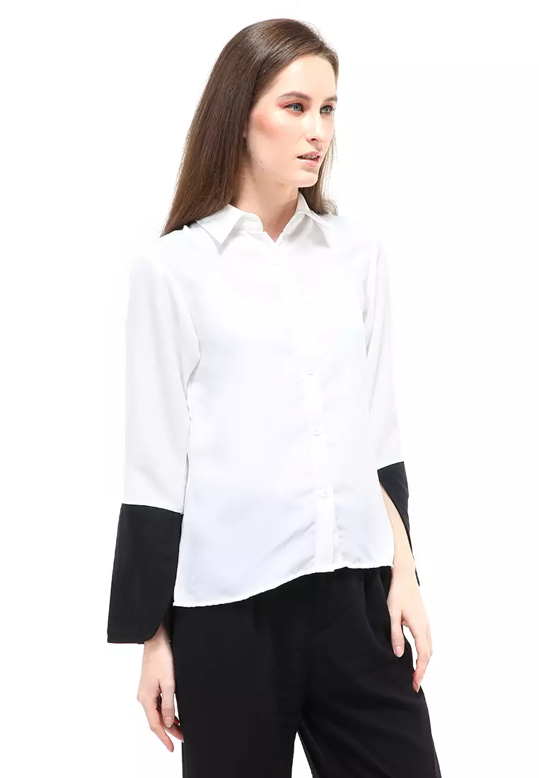 Sahila Blouse Short Sleeves Wanita Motif Polos Atasan Casual - Putih