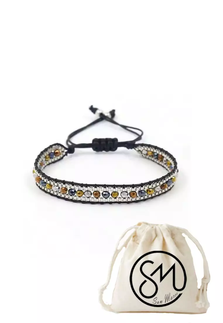 Aksesoris Gelang Wanita Crystals Beads Embellish Macrame Bracelet Black & Gold