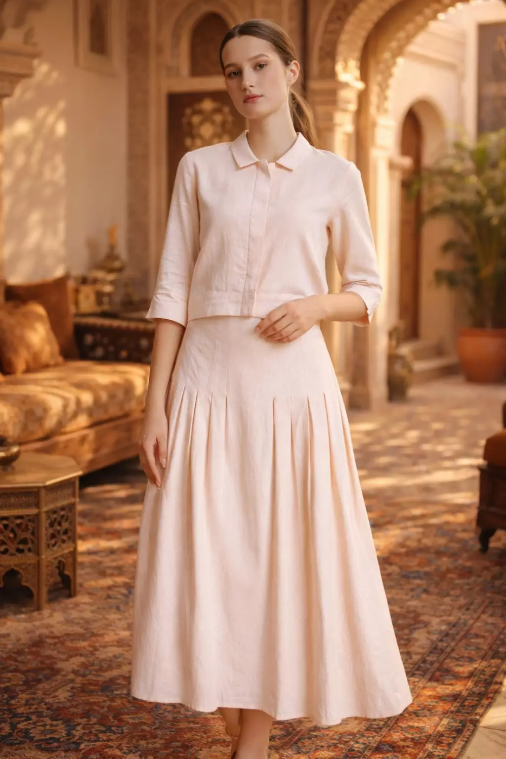 Essentials Cropped One Set Linen Top & Pleated Skirt Set Pink (One Set Shirt & Skirt)