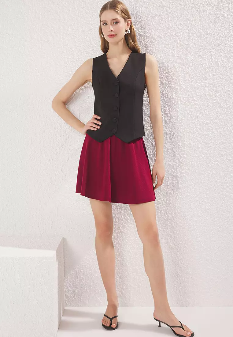 Burgundy Scuba Crepe Skater High Waist Stretchy Knitted Skirt Twoaw24Et00343