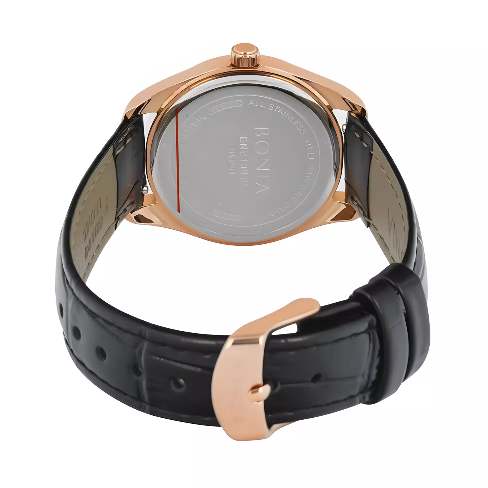 Bonia - Jam Tangan Analog Wanita Sapphire Glass - Rose Gold Case - Black Leather Strap - B10916-2532