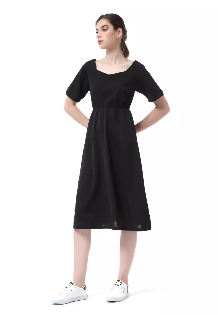 Rachel Long Dress Wanita Lengan Pendek Motif Polos Material Cotton ORIGINAL - Black