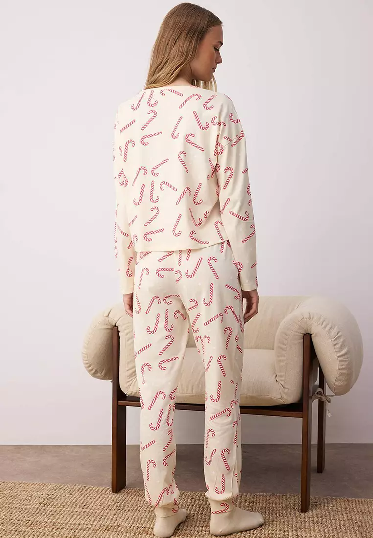 Beige 100% Cotton Christmas Themed Knitted Pajama Set THMAW21PT0771