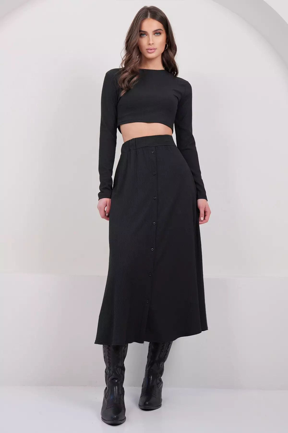Women'S Black Crew Neck Cropped Blouse And Maxi Skirt Set Alc-X15015