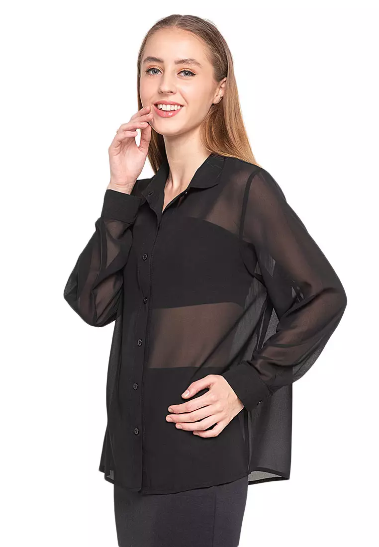 Calder Kemeja Atasan Transparan Front Button Opening Design Simple Plain Shirt Wanita - Black