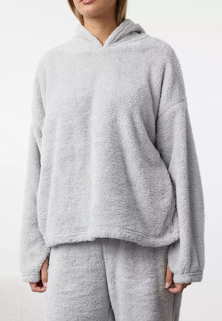 Gray Hooded and Embroidered Wellsoft Winter Knitted Pajama Set THMAW25PT00143