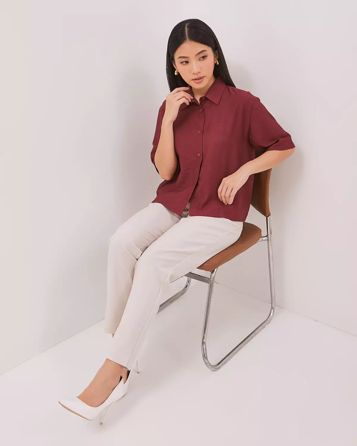 MAROON RED SHORT-SLEEVED BLOUSE FOR WOMEN