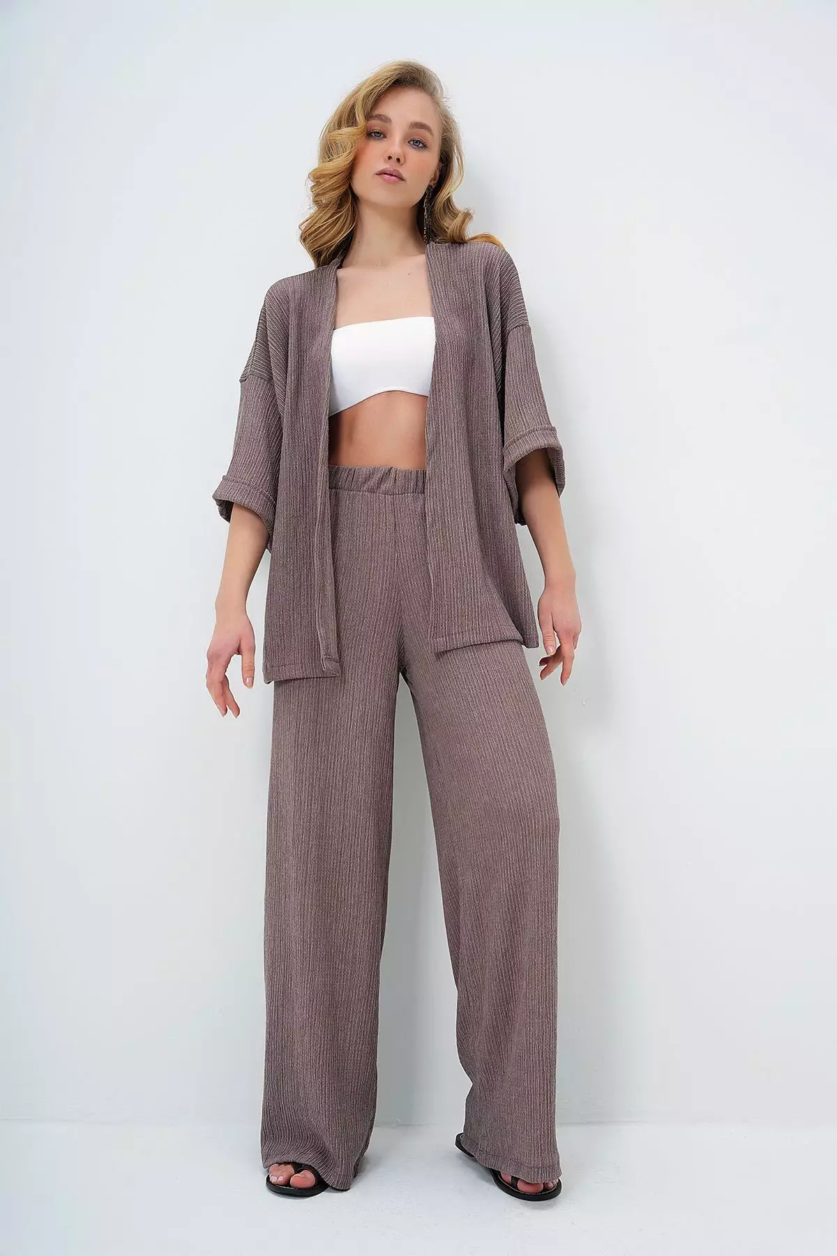 Women's Mink Double Sleeve Wrap Fabric Summer Kimono And Trouser Set