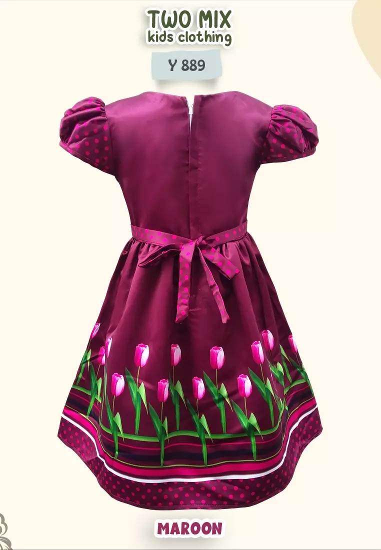 Two Mix - Dress Imlek Anak Perempuan - Gaun Anak Cewek Pesta Satin 1-12 Tahun Y889 Maroon