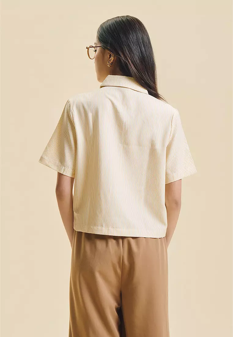 Dress Code Short Sleeve Striped Relaxed Button Down Top