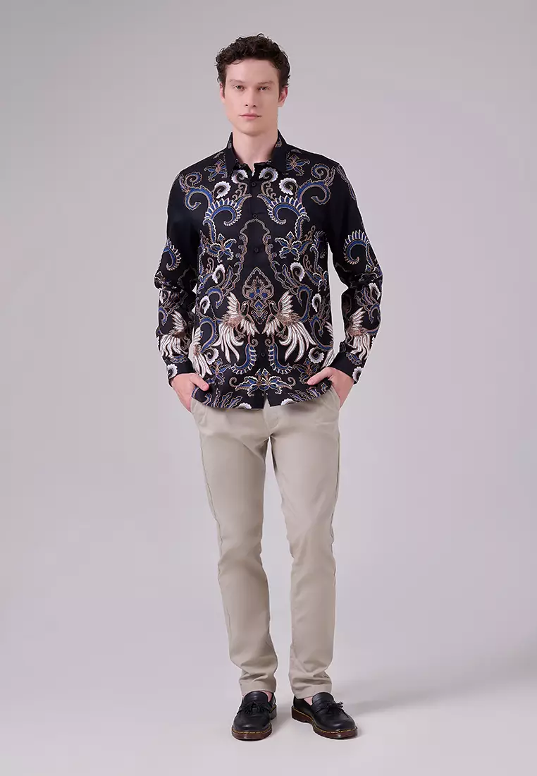 MANZONE - Kemeja Batik Lengan Panjang Pria Tirtayasa 01 Modern Fit - Black