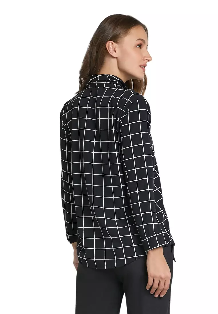 Osvald Blouse Long Sleeve Motif Kotak-Kotak Atasan Baju Wanita Casual - Hitam
