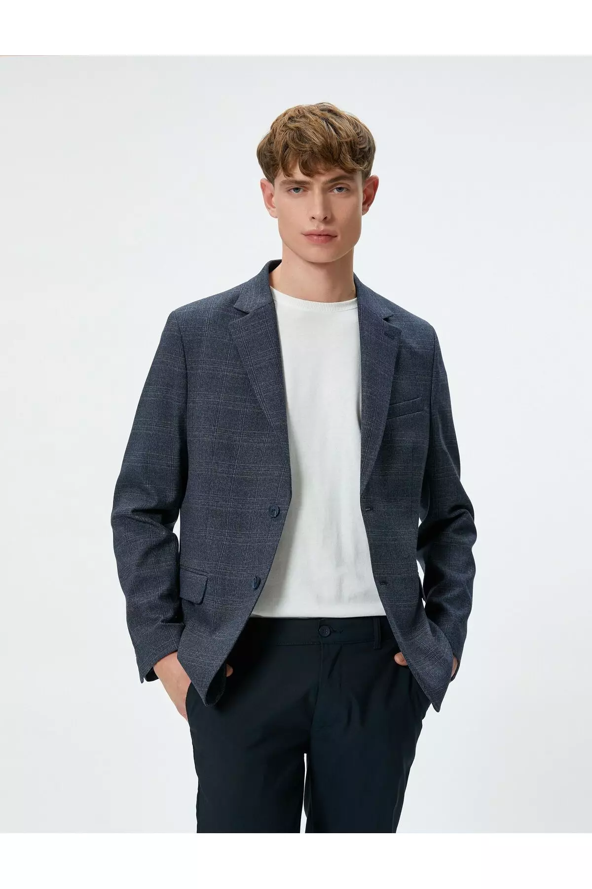 Blazer Jacket Plaid Slim Fit Buttoned Double Pocket Detail Mono Collar