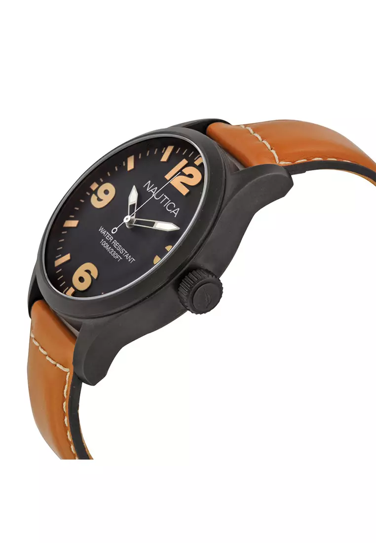 Nautica - Jam Tangan Pria - Black - Brown Leather Strap - A13614G