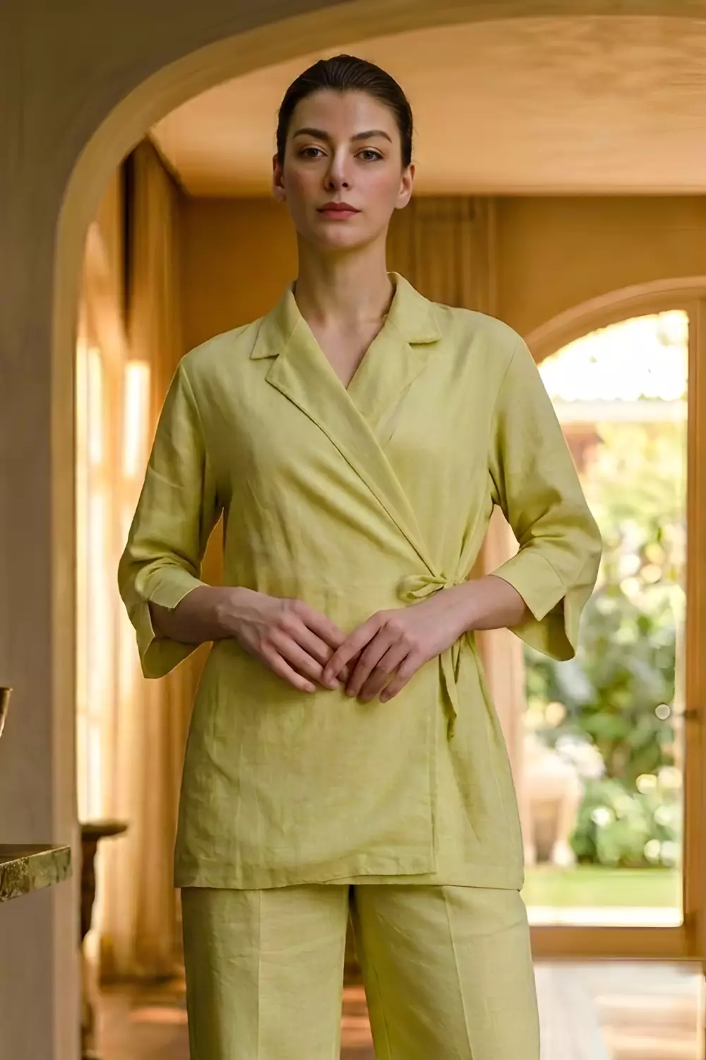 Demure Studio - Essentials Linen Travel - Kimono Blazer Shirt Olive Green (Only Shirt)