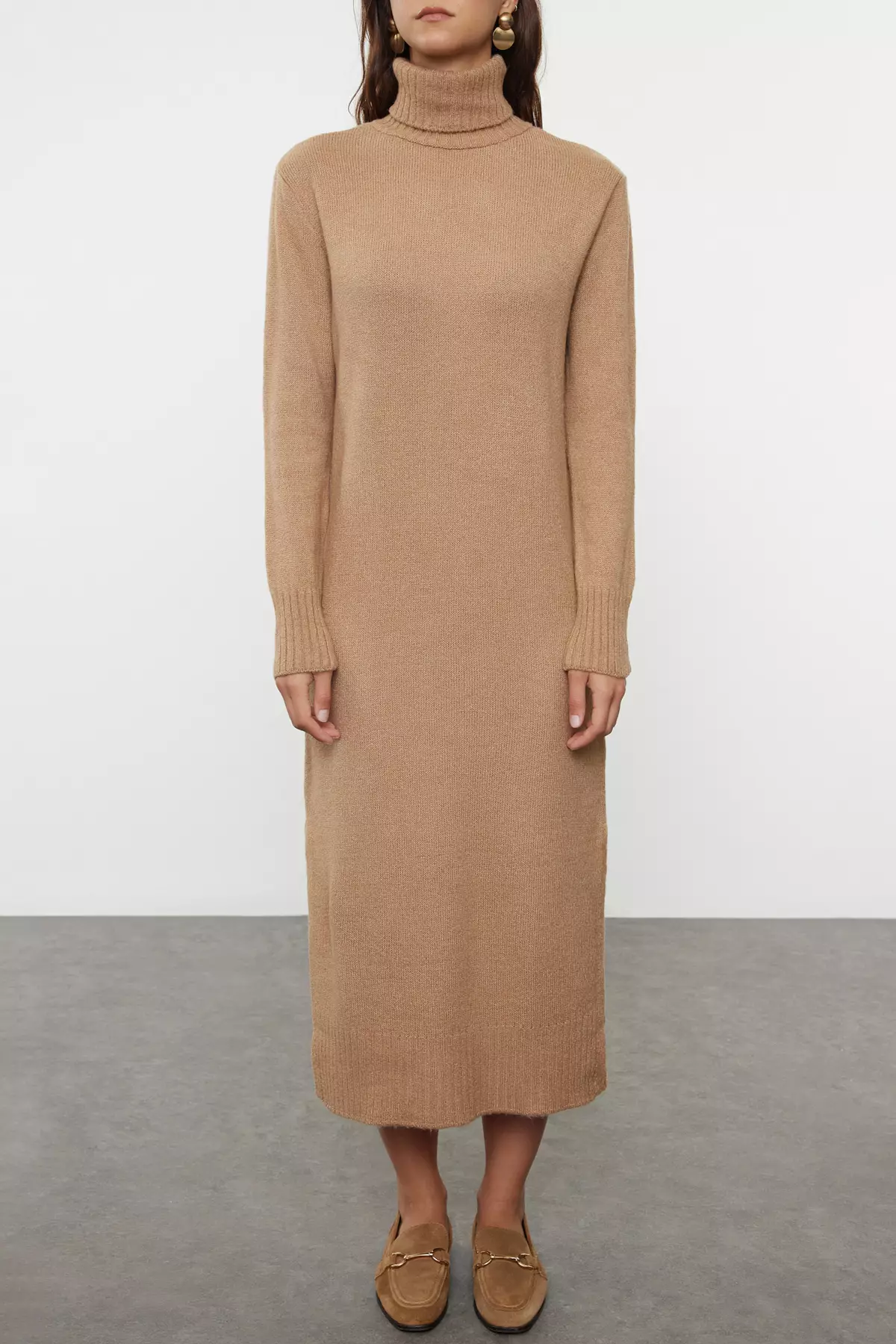 Camel Midi Wide Fit Soft Texture Knitwear Dress