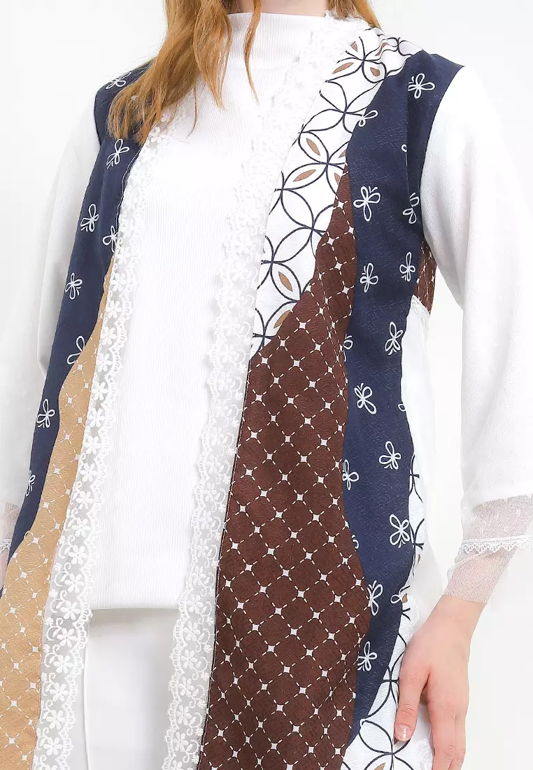 Outer Cardigan Muslim Atasan Wanita Kaureen White Dobby Tile Renda Eksklusive Batik Dobby