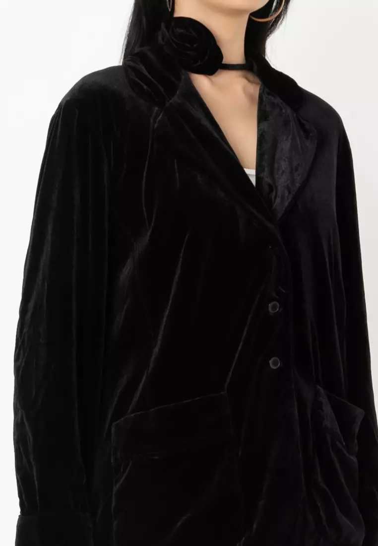 Flower Choker Velvet Blazer