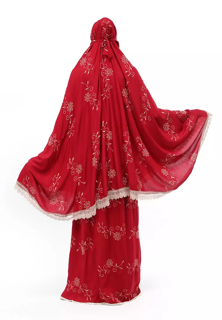Hanjani Mukena Muslimah Atasan Bawahan Wanita Motif Bunga Relaxed Fit - Maroon
