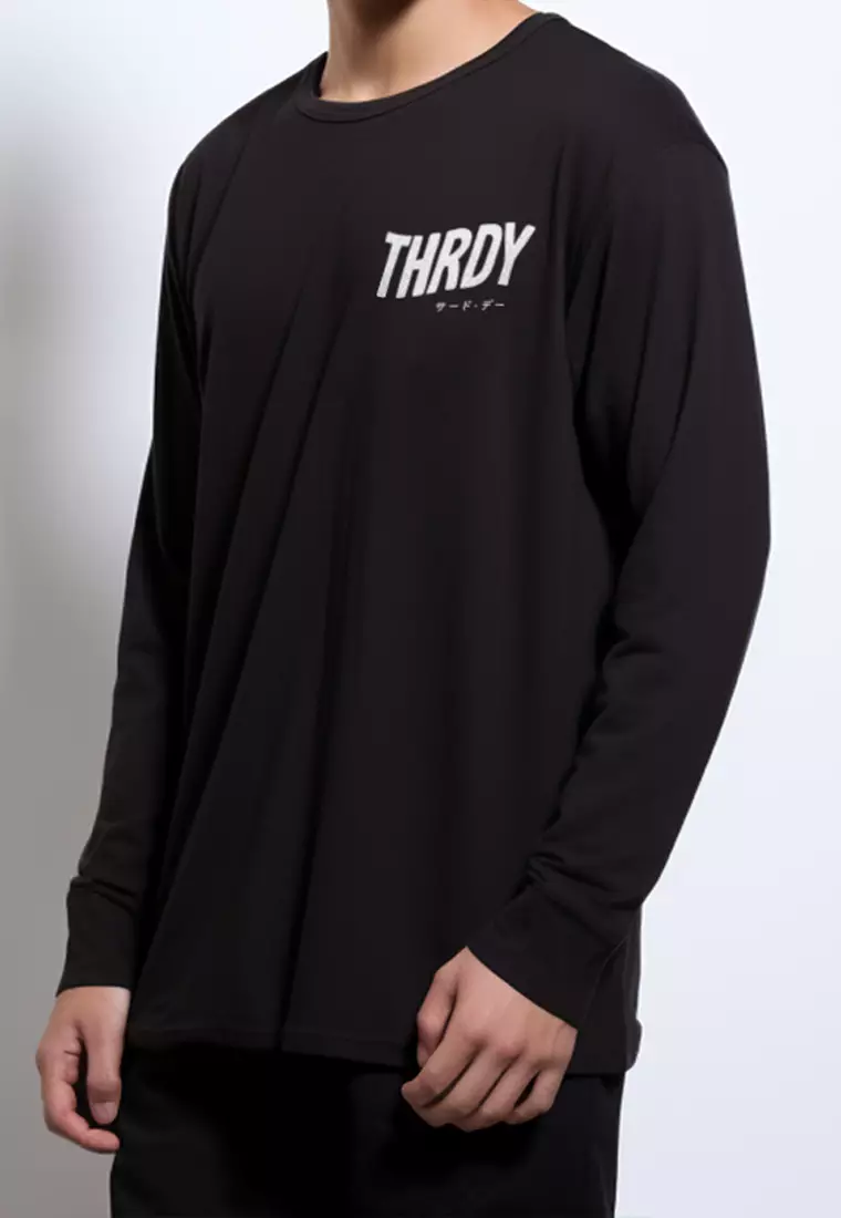 MTQ46 kaos lengan panjang hitam tangan panjang pria distro tulisan thrdy wavy hitam black
