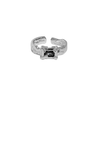 Glamorousky black 925 Sterling Silver Fashion Temperament Black Cubic Zirconia Irregular Geometric Adjustable Open Ring F2D22AC68261BFGS_1