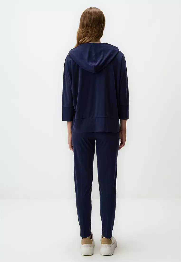 Jimmy Key Navy Blue Loose Fit Three Quarter Sleeved Hooded Sweatshirt