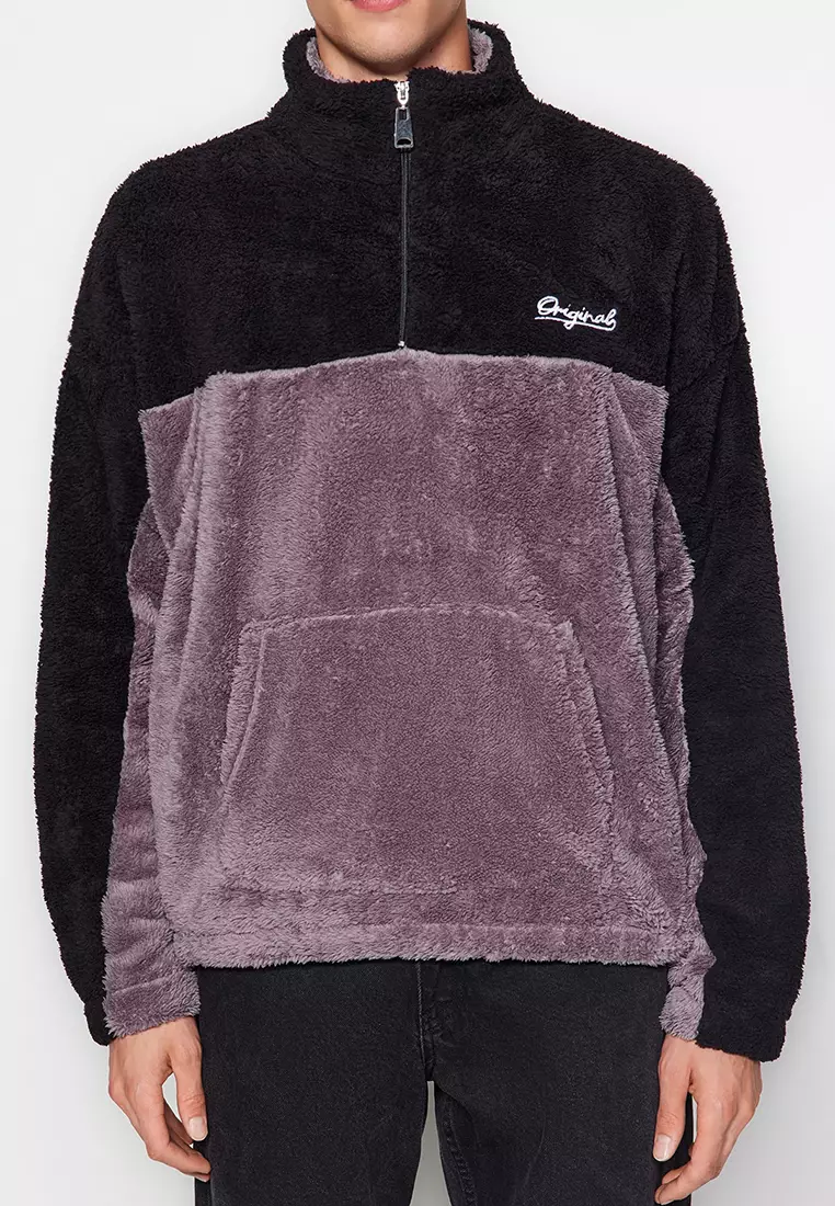 Stand Collar Zipper Color Block Color Block Thick Fleece/Plush Sweatshirt with Minimal Embroidery.