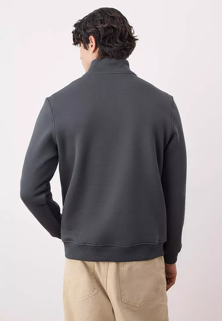 Anthracite Regular Cut Stand Collar Zippered Cotton Deer Embroidery Sweatshirt