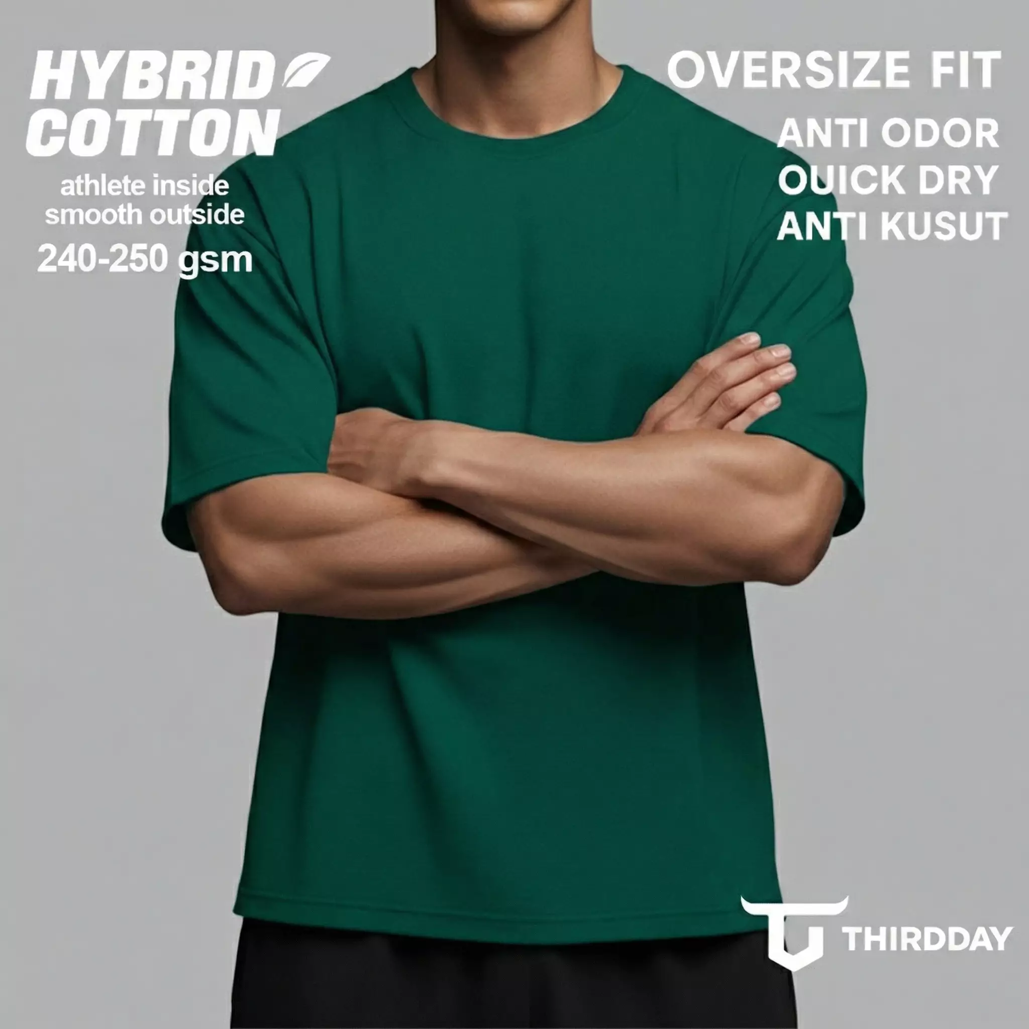 THIRDDAY Kaos Oversize Gym Tebal 250gsm Hybrid Cotton Polos hijau botol MTY92