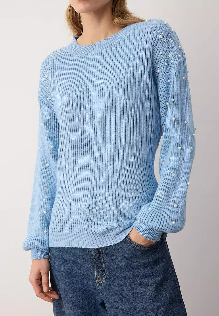 Light Blue Pearl Detailed Crew Neck Knitwear Sweater Twoaw22Kz1493