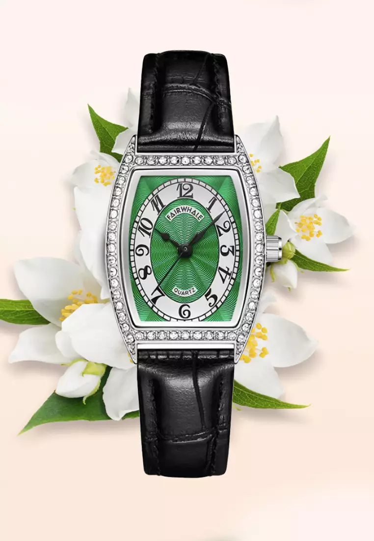 Ladies Barrel Shape Stainless Steel Quartz Watch, Green Dial, Black Leather Strap